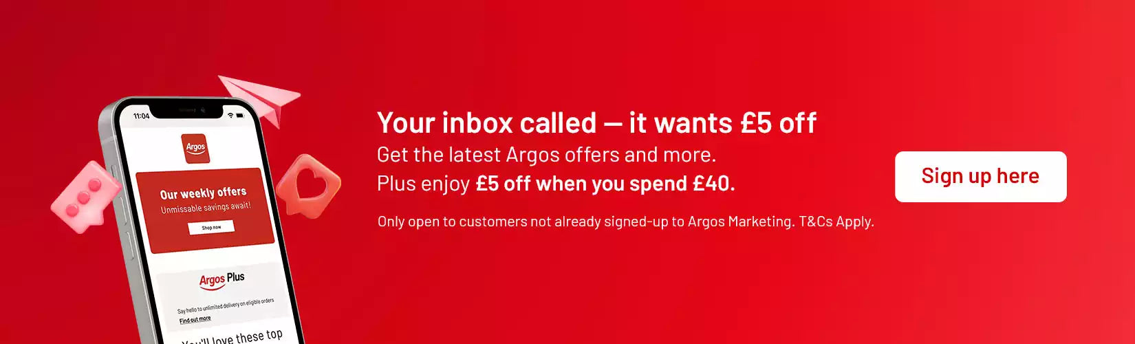 Your inbox called – it wants £5 off. Get the latest Argos offers & more. Plus enjoy £5 off when you spend £40. Only open to customers not already signed-up to Argos Marketing. T&Cs Apply.